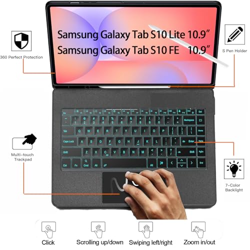 Image of for Samsung Galaxy Tab S10 FE | S10 Lite Keyboard Case 10.9 inch, S Pen Holder, 7 Color Backlit Keyboard with Trackpad, Detachable Cover with Adjustable Viewing Angle Stand for Tablet S9 FE | S9