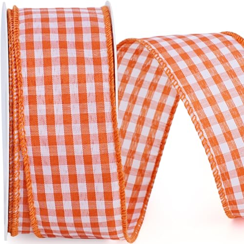 LaRibbons Orange Gingham Ribbon Wired 1 1/2 Inch x 10 Yards Check Plaid Ribbon for Gift Wrapping Christmas Tree Wreath Bow Outdoor Decoration