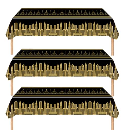 Image of 3pcs Roaring 1920's Party Decorations Great 20's Plastic Tablecover Table Cloth for Black and Gold Birthday Music Party for Hollywood 1920s Birthday Speakeasy Retro Flapper Wedding Party Supplies