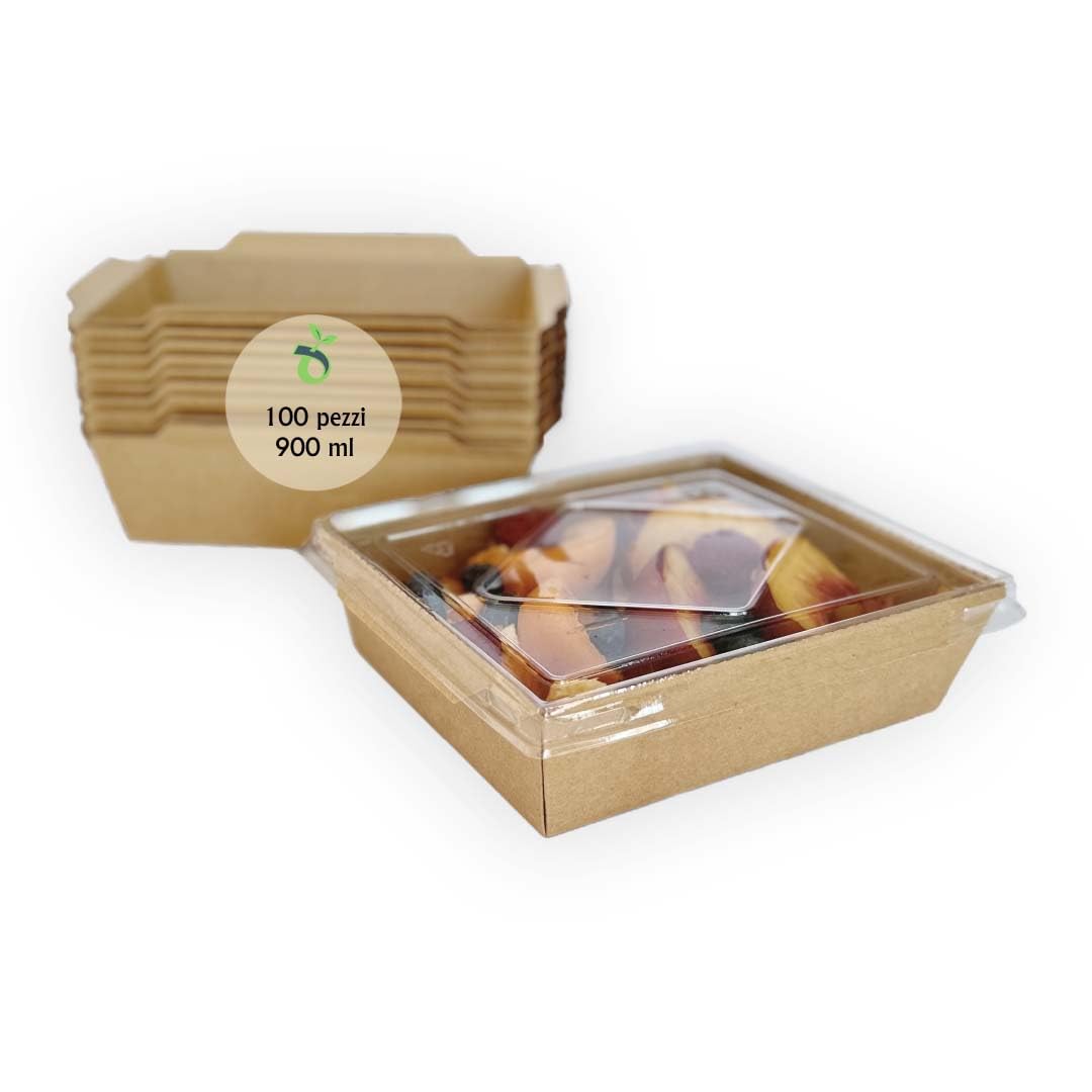 Lanchbox in Carta Kraft con Coperchio Trasparente 900 ml - Confezione da 100 Pezzi | Scatole per Alimenti da Asporto, Contenitori Monouso per Cibo, Scatole Ecologiche