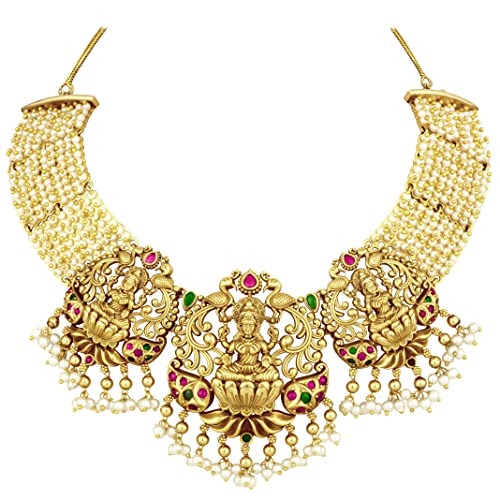 Brass Pearl Necklace Earring Temple Jewellery Set