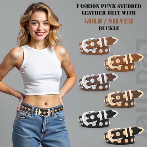 Women Studded Belt for Jeans Dress Fashion Punk Leather Belt Black Belt With Gold/Silver Buckle Women3