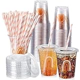 Skybooly 50 Pcs Boho Rainbow First Birthday Plastic Cups with Lids and Straws Disposable 1st Birthday 12 oz Clear Cups Bulk Cold Beverage Drinking Cups for Sweet One Rainbow Party