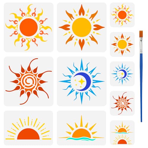 FINGERINSPIRE 11 Pcs Boho Sun Stencil with a Paint Brush 3 Sizes Sun Stencil The Sunrise Painting Stencil Reusable Sunlight Spraying Stencil Sun Moon Star Drawing Templates for Wall Tiles Floor Paper