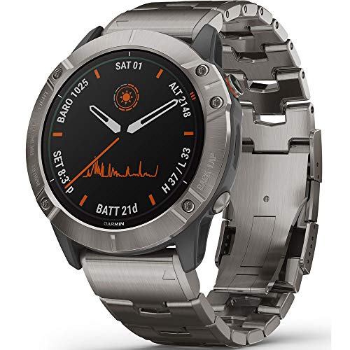 Garmin Fenix 6X Pro Solar, Premium Multisport GPS Watch with Solar Charging Capabilities, Features Mapping, Music, Grade-Adjusted Pace Guidance and Pulse Ox Sensors, Titanium