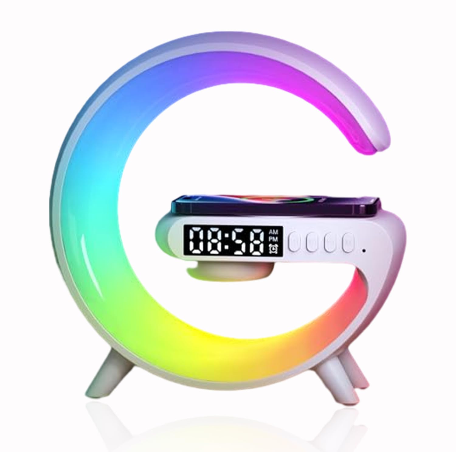 Duomama Wireless Speaker Charger & Atmosphere Bedside Light - Bluetooth Speaker, Music Lit Lamp, Alarm Clock, Wireless Charging Station - Christmas Gift (White)