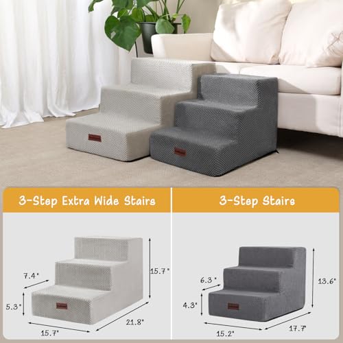 Image of Aodisman Dog Stairs for Small Dogs & Cats, 3-Step Extra Wide Non-Slip Pet Steps for Couch Sofa and Chair, Light Grey, 15.7 inch H