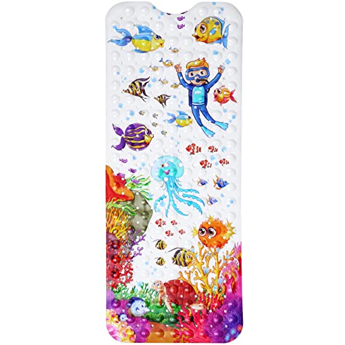 Image of Secopad Baby Bath Mat for Tub for Kids, 40 X 16 Inch Non Slip Cartoon Bath Tub Shower Mat Anti Slip with Drain Holes and Suction Cups Machine Washable, Jellyfish