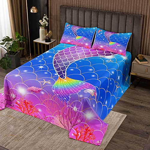Juego de colcha de sirena con diseño de animales marinos con purpurina para niños y niñas, escamas de peces, colcha acolchada ultra suave, decoración femenina arcoíris acolchada individual