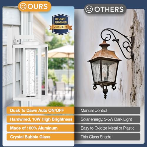 Image of VIANIS White Porch Lights Outdoor, Large Exterior Sconce Lighting for House | Integrated 10W LED, 100% Aluminum, Exterior Light Fixture Wall Mount for Garage, Porch, Crystal Bubble Glass, Easy to Install