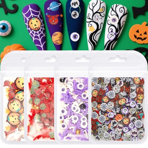 Image of 4 Bags Halloween Nail Charms 3D Mini Pumpkin Eyeball Ghost Bat Monster Charms for Nails Design Nail Slices Nail Decorate for Women Girls DIY Nail Art Decoration and Used for Decoration of Handicrafts