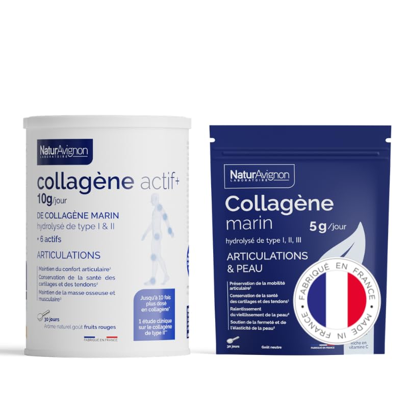 NaturAvignon Lot de 2 Collagènes Marins Hydrolysés | Articulations, Cartilages, Tendons, Os, Peau | Types 1, 2 & 3 | Vitamine C, D3, K2, Zinc, Calcium | Poudre | Fabriqué en France