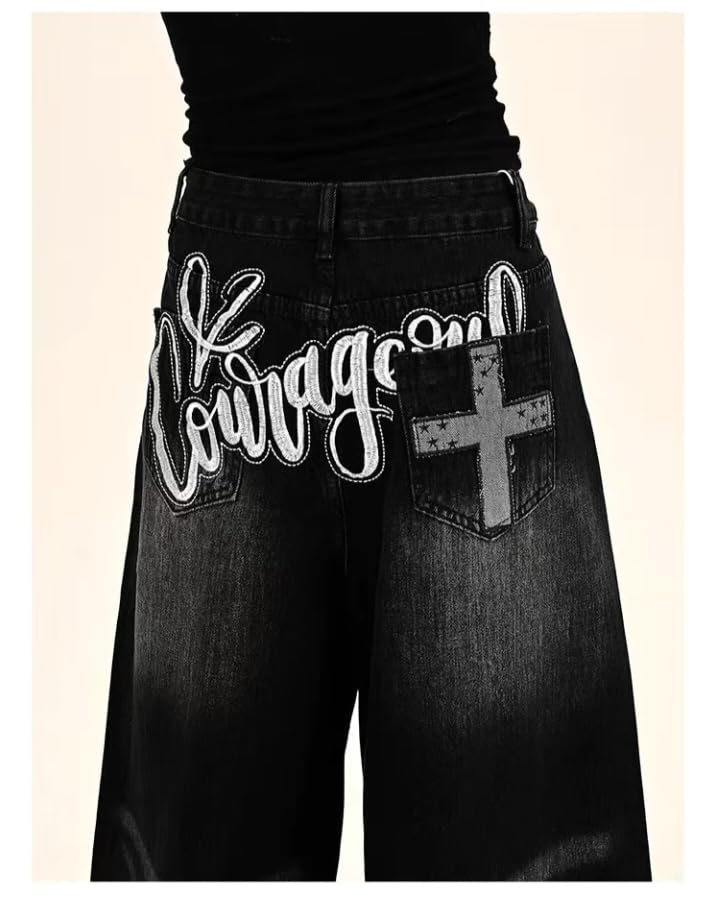 Unisex Y2k Vintage Gothic Letter Cross Print Wide Leg Jeans Hiphop