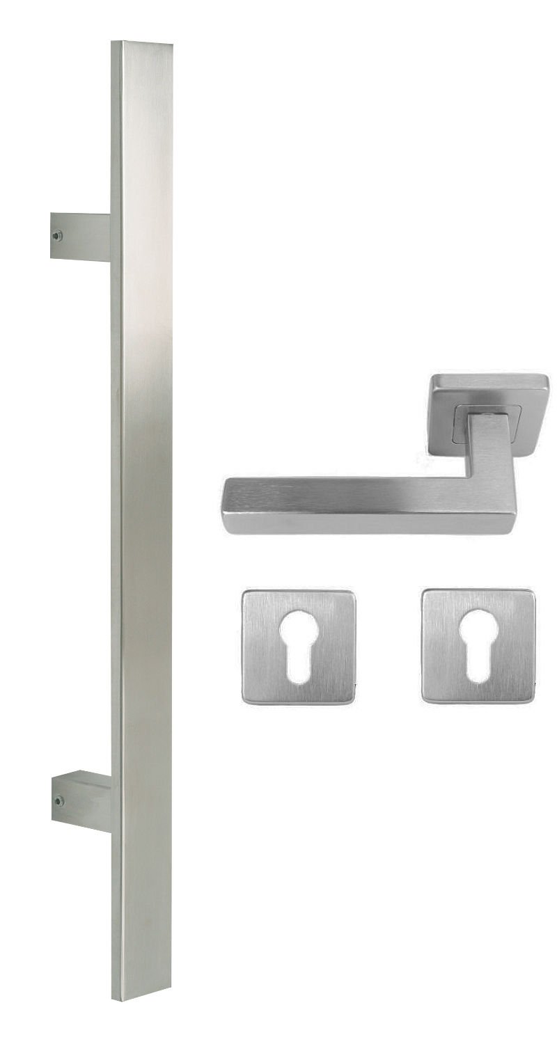 WeRo Edelstahl Haustür Beschlag- Flachgriff- Set auf quadratischen Rosetten 841S Länge: 1200 mm