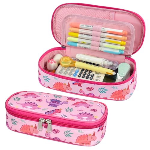 Image of Cute Kids Pencil Case - Girls Pen Pouch Large School Organizer | Pen Bag & Smooth Zipper, Multi-Slot Storage, Mesh Pocket, 900D Water Resistent, Giftable School Supplies, Pink Dinasour