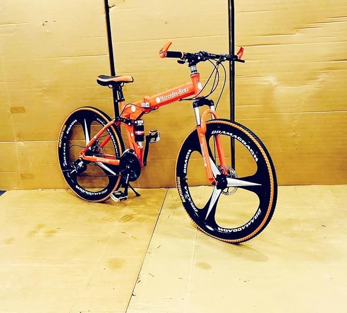 Image of Amaze Kai Dual Suspension Bikes Bm Foldable Gear Cycle for Men with 21 Speed Gear 6 Spoke | Folding Mountain Bike with Double Disc Break & Mac Wheel, 26 Inch, White N Black (Orange)