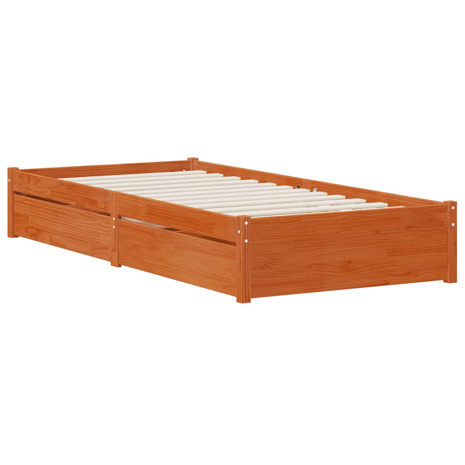 Letto singolo con cassetti, in legno massello di pino marrone cerato, struttura letto con contenitore per materassi 90 x 190 cm, 195,5 x 95,5 x 31 cm