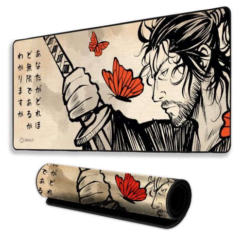 Image of Japanese Samurai Mouse Pad 18x36 Inch 3mm Extended Gaming Desk Mat with Anti-Slip Rubber Base Mousepad for Smooth Surface Desk pad for PC & Laptop Use Waterproof & Stiched (Multicolour) Deskpad