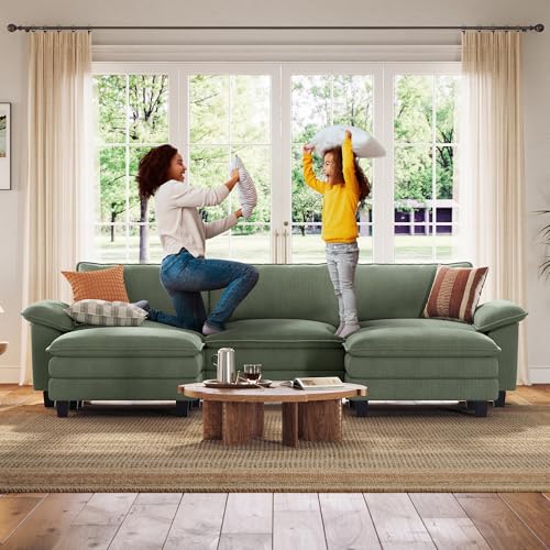 Image of LINSY Home 123'' Modular Sectional Sofa Green Couch Corduroy Cloud Couches for Living Room, U Shaped Couch with Movable Ottoman, Modern Cloud Sectional Sofas for Bedroom and Apartment, Green