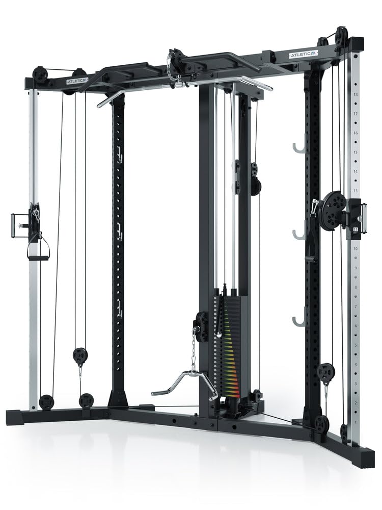 Atletica XTRIA | Kabelzugstation | Cross-Over-Kabelzug mit LAT- und Ruderzug | 125kg Gewichtsblock | abnehmbare Hantelbank | als Eck-Lösung für maximale Raumeffizienz