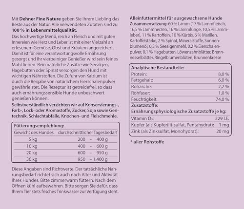 Dehner Fine Nature Hundefutter, Nassfutter getreidefrei / zuckerfrei, für ausgewachsene Hunde, Lamm / Kartoffel, 6 x 400 g Dose (2.4 kg)