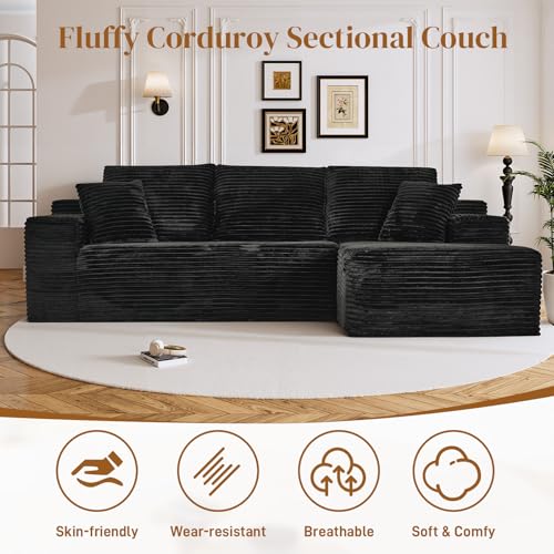 Image of 108 inch L Shaped Boneless Sectional Couches for Living Room, Comfy Corduroy Floor Cloud Sofa with Chaise, Wide Armrest, Deep Seat, Memory Foam, Assembly Free, Ideal for Small Spaces, Black