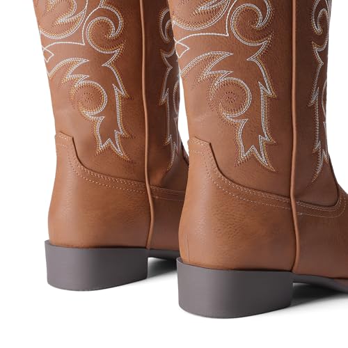 DREAM PAIRS Women's Cowboy Cowgirl Boots Embroidered Square Toe Mid Calf Western Boots Fashion Dress Chunky Low Heel Shoes for Theme Party Country Concert,Size 8,Tan,DWUMMB2516