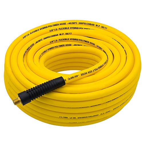 FIXSMITH-Hybrid-Air-Hose,300psi,3/8 inX 100 ft,1/4 in Brass MNPT Fittings and Bend Restrictors,Heavy Duty, Non-Kinking,Lightweight,Extreme All Weather Flexibility,UV,Oil and Abrasion Resistant,Yellow.