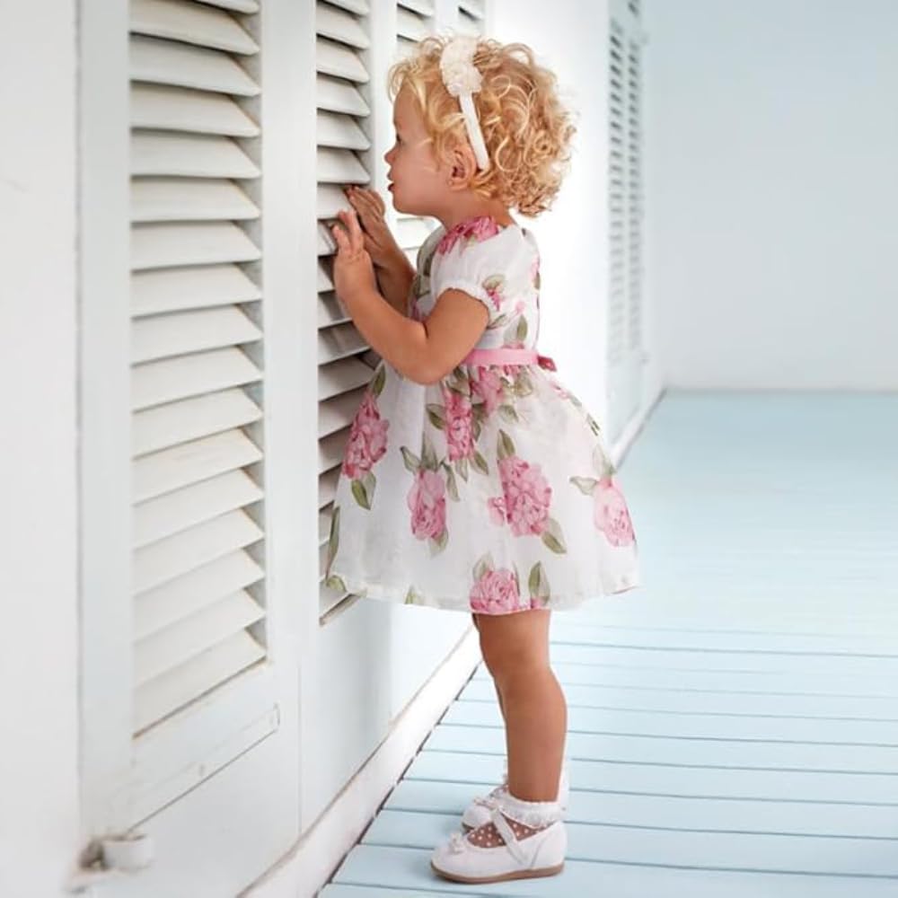 Generico Vestito Bebè Bambina Elegante Floreale – Modello 1907 – Abito Cerimonia Estivo con Fiocco, Maniche Corte e Gonna Svasata – Perfetto per Battesimi e Occasioni Speciali, 6 Mesi, Rosa
