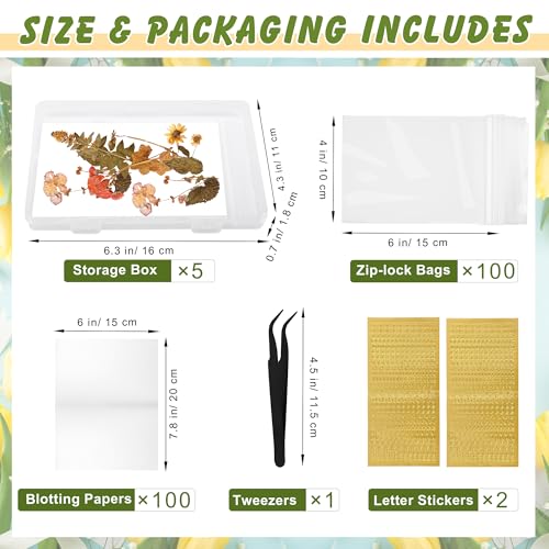 Image of Coldairsoap 5+200PCS Dried Flower Storage Set with Blotting Paper, Ziplock Bag, Tweezers and letter stickers, Flower Preservation Kit to Keep Flower Color and Dry for DIY Pressed Flower Arts and Craft