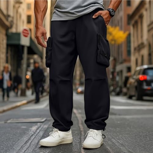 Mens Baggy Cargo Pants Elastic Waist Wide Leg Drawstring Tapered Trousers 2025 Workout Joggers with Zipper Pockets2