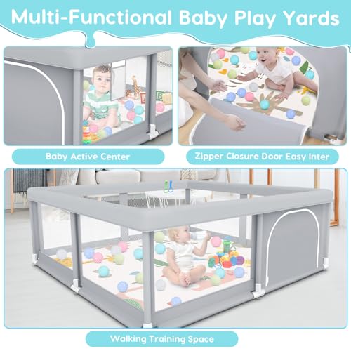 Image of Fshibila 50 inch x50 inch Baby Playpen with Mat, Baby Playard for Babies and Toddlers, Play Pens for Indoor & Outdoor, Sturdy Safety Play Yard with Soft Breathable Mesh, Anti-Fall, Ball x 18, Handle x 2, Grey