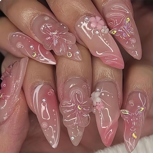 GlamRays 24 Piece Almond Shaped Flowers Pearl 3D Waves Nail Art Set Full Wrap Nail Nails Suitable for Women and Girls