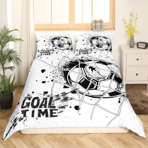 Fútbol Funda Edredón Doble con Fundas Almohada - Dormitorio Niños Decoración - Juego de Cama Blanco Negro Impresión Geométrica - Suave Transpirable (Fútbol,180x210cm)