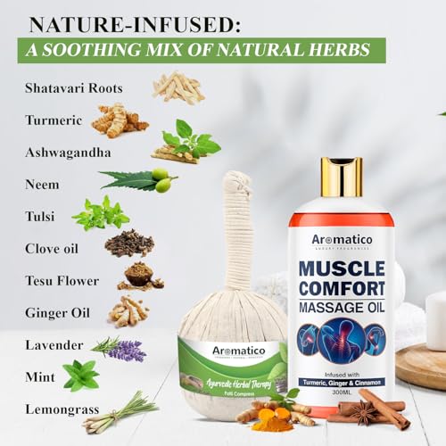 Image of AROMATICO Potli Massage Muscle Comfort Kit. Combo Pack of Muscle Comfort Massage oil (300ml) & Herbal Massage Potli (200gm).