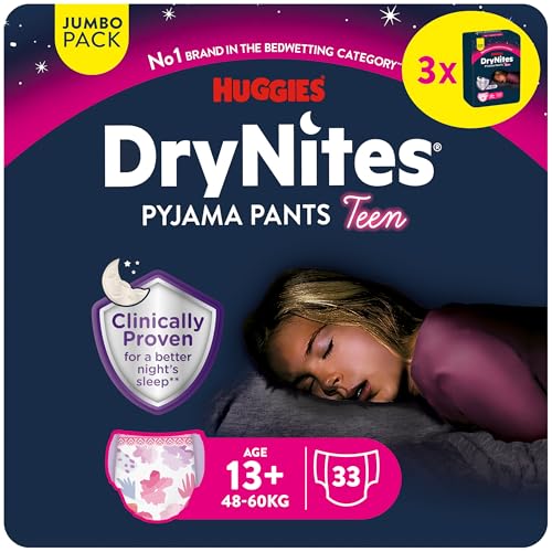 Huggies DryNites Pañales de Noche para Niña 13+ (48-60 kg), Clínicamente Probado con 5 Capas de Máxima Protección Nocturna, 3 Packs de 11, Total 33 Bragas Absorbentes