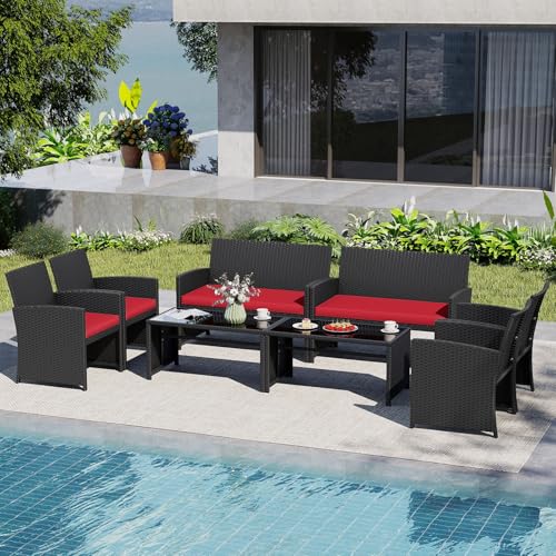 Image of Tangkula 8 Pieces Patio Wicker Furniture Set, Outdoor Heavy Duty Rattan Cushioned Chairs, Loveseat and Tempered Glass Coffee Table, for Backyard, Balcony, Poolside