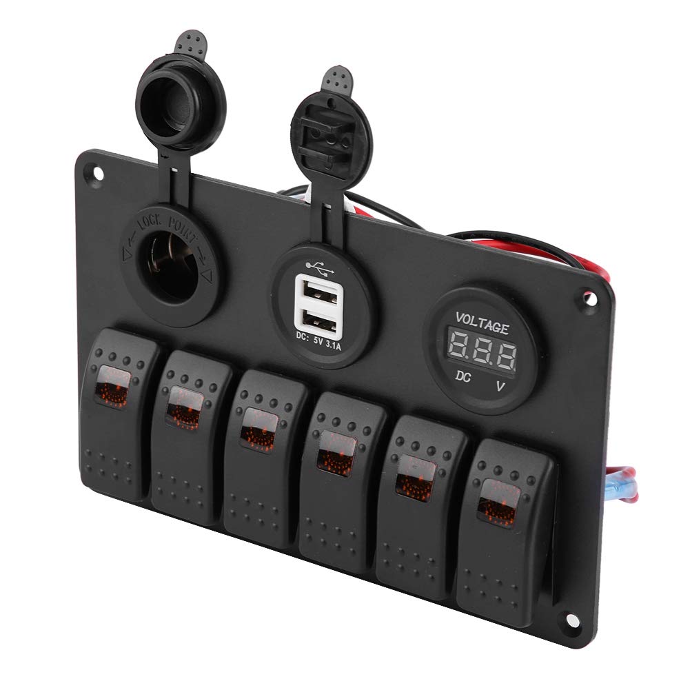 KIMISS 6-gangowy panel przełączników LED 12V 24V dla samochodu i łodzi z USB, woltomierzem i zapalniczką, pomarańczowy
