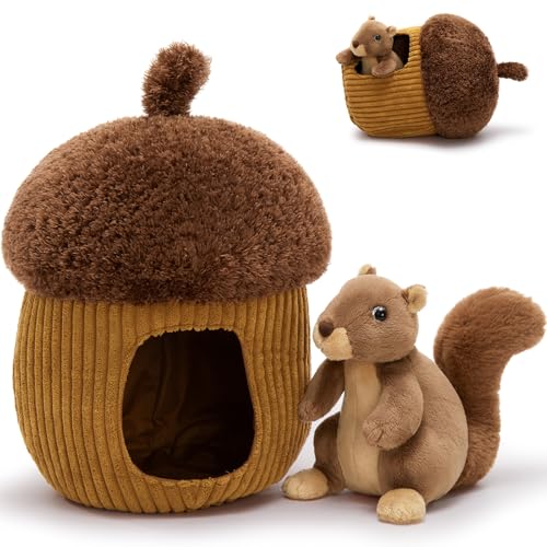MorisMos braunes Eichhörnchen-Teddy mit Haselnusshäuschen, lebensechtes, kuscheliges Eichhörnchen-Plüschtier, Kawaii-Geschenke für Kinder… – Ansicht 1
