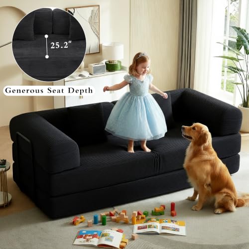 Image of 80 Inch Multi-Functional Convertible Sofa Bed, Fixed Shape Frame, High Density Foam with Corduroy, Easy Assembly, for Living Room and Bedroom. (Black)
