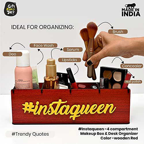 Image of GKD Makeup Box Desk Organizer for Girls makeup storage box & unique gifts for girls 4 compartment cosmetic organizer (Brush Nail polish Lipsticks)(Eco Friendly Plastic Free) (Insta Queen (Red))