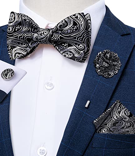 Image of DiBanGu Paisley Bow Ties for Men Silk Self Tied Bowtie and Pocket Square Cufflinks with Lapel Pin for Wedding Party