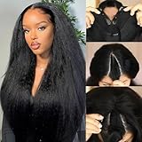 Prtyopp V Part Wig Human Hair Kinky Straight 20 Inch Vpart Human Hair Wig Upgrade U Part Wig Yaki Straight Clip in Half Wigs for Black Women Glueless No Leave Out 180% Density Natural Color