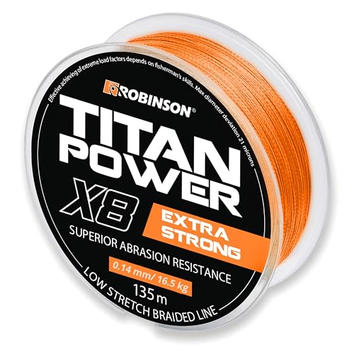Robinson Geflochtene Angelschnur X8 - Angelschnur geflochten, 0,14mm - Tragkraft bis 16,5kg, 135m, ideal zum Spinnfischen - Titan Power ORANGE Robinson Geflochtene Angelschnur X8 - Angelschnur geflochten, 0,14mm - Tragkraft bis 16,5kg, 135m, ideal zum Spinnfischen - Titan Power ORANGE
