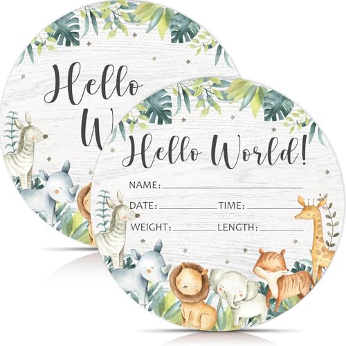 Image of Birth Stat Sign for Newborn, Safari Animals Baby Announcement, Jungle Hello World Name Sign for Hospital Birth Announcement, Gift for New Mom, Baby Shower, Pregnancy Announcement, Photography Prop