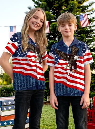 Image of BesserBay Unisex Kids 4th of July Shirt Girls Boys Patriotic Button Down Shirt American Flag Top 4-14 Years