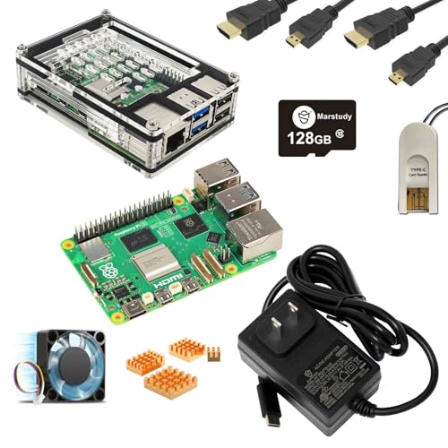 Raspberry Pi 5 Ultimate Starter Kit(128GB Edition) (8GB RAM)/Raspberry Pi OS Pre-Installed/Transparent Case/Low Noise Fan&Heatsinks Set / 5A USB-C Power Supply