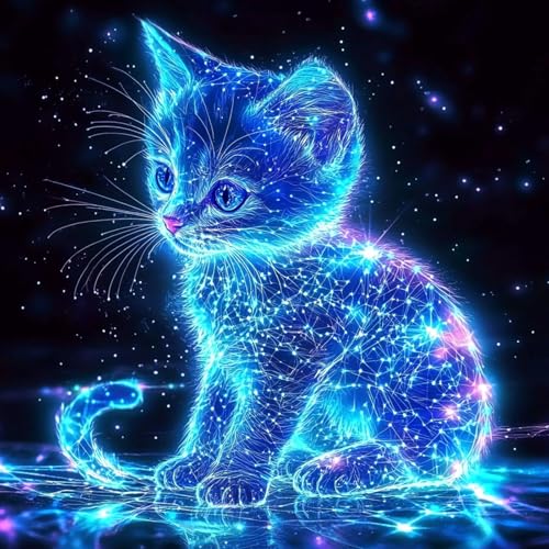 QENSPE Diamond Painting Chaton Lumineux, 5D Peinture Diamant Adulte Art Broderie Diamant Complet Bricolage Diamants Painting Full Drill - LKJ009-30x30cm