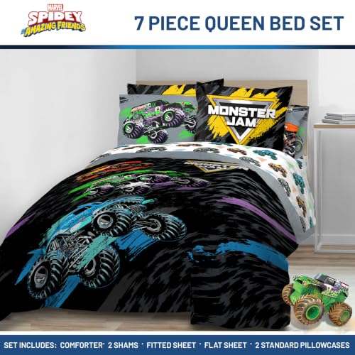 Image of Monster Jam Trucks Queen Comforter Set 7 Piece Kids Bedding for Boys, Black | Grave Digger Megalodon, Comforter Sheets Shams Pillowcases, Official Product, Soft Microfiber, Machine Washable, Boys Gift