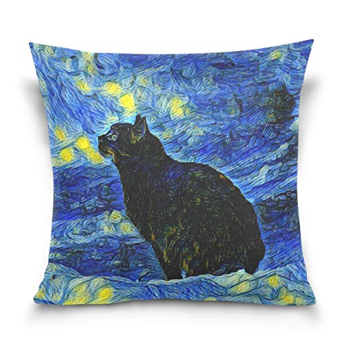 ATONO Lunar Cat in Vincent Van Gogh Impressionist Art Style Pillow Cases Square Throw Pillow Covers Home Bedding Decorative Pillows Inserts Covers 16''X16'' Cotton Velvet Twin Sides